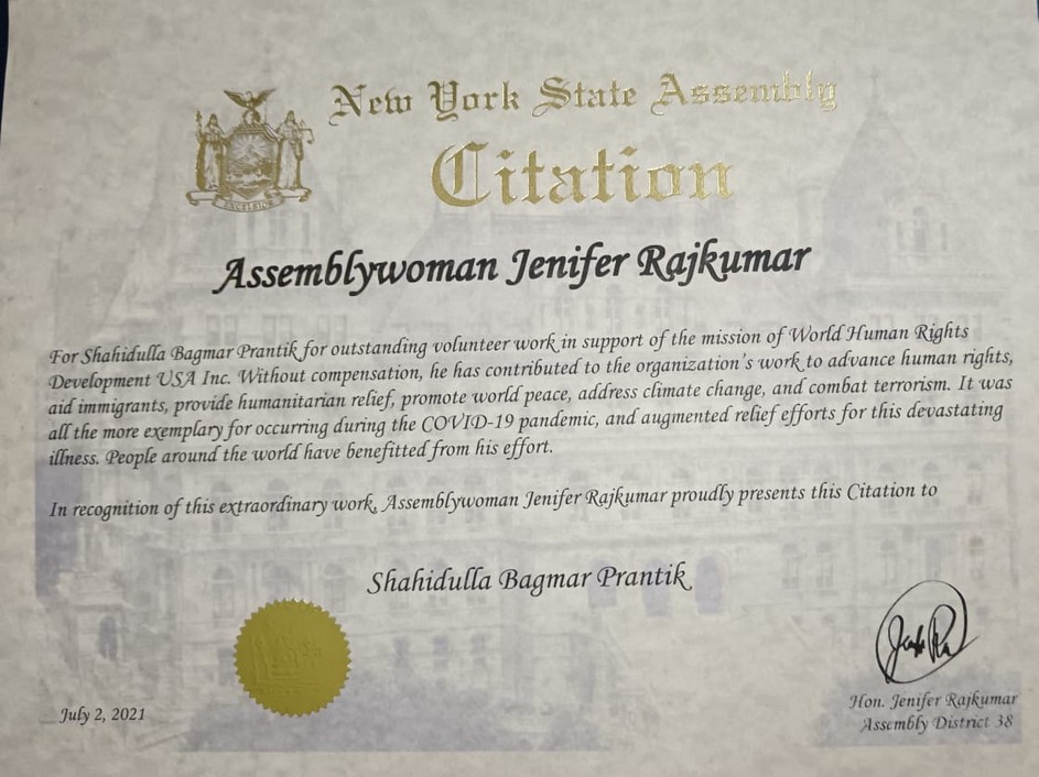 New York State Assembly citation dated 2 July 2021